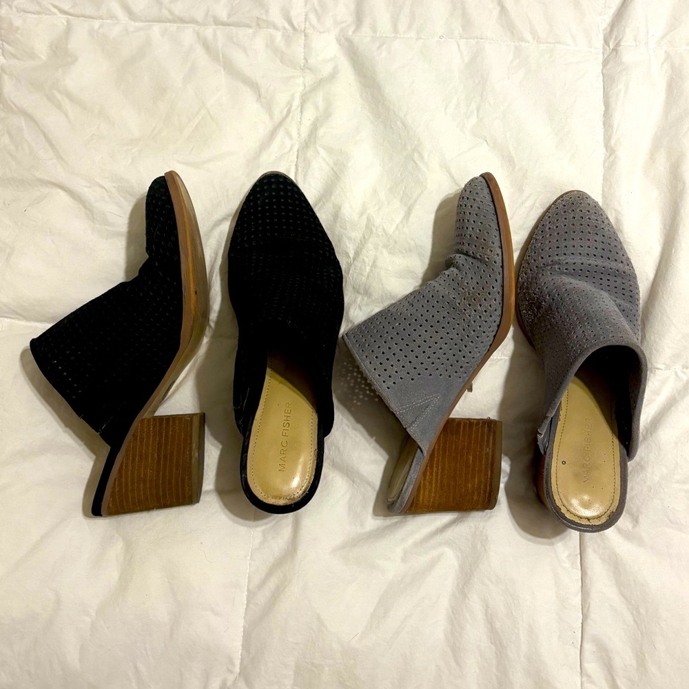 Marc Fisher Riley Suede Mules 9.5 / Black and Grey / two pairs!